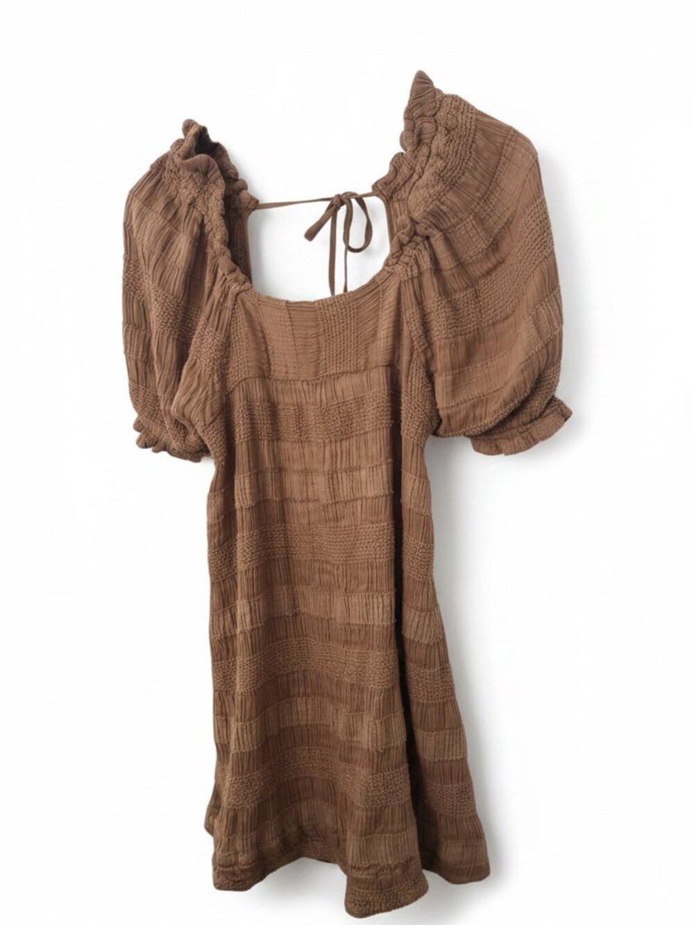 Free People Brown Textured Puff‑Sleeve Dress – Tie‑Back – Size S